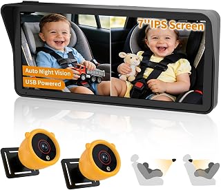 Baby Car Camera for 2 Kids, 7.1" Ultrawide Split Screen, 1080P Dual Carseat Cameras with Auto IR Night Vision/150&deg; Wide View/360&deg; Rotatation, USB Power for Car, SUV, RV/Babies,Pets