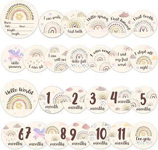 Baby Monthly Milestone Cards Sign - Double Sided Wooden Milestone Cards with Rainbow Design, Wooden Circles Discs for Photo Props Birth Announcement Board, Baby Shower/Gift Newborn Sign Set(13pcs)
