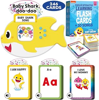 Baby Shark Flash Cards for Toddlers 2-4 Years | Sensory Toys for Autism and Autistic Non-Verbal Kids Ages 2 3 4 5 6 | Speech Therapy Learning Toys with Music, Phrases, ABC, Numbers, Sight Words