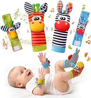 Baby Toys 0-6 Months, Infant Wrist Rattles and Foot Finder Socks Set | Soft Plush Crinkle, Sensory reaching and kicking, Sensory Toys for 0 3 6 9 12 Month, 1st Infant boy girl Newborn Shower Gift