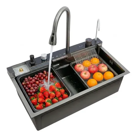 Bacha Cocina Inteligente Griferia Extensible Multifuncion Digital Led Cervina-7250 Ner&oacute; Negro