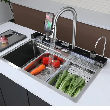 Bacha De Cocina Inteligente Acero Inox Griferia Portacelular Nano Silver