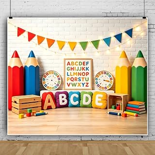 Back to School Backdrop 12x8ft Happy First Day of School Photo Backdrop | Welcome Back Photography Background Pencil Glitter White Brick Wall First Day Photo Booth Prop for Classroom Decorations