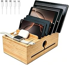 Bamboo Charging Station Organizer for Multi-Devices with Tray, Nightstand Desk Electronic Organizer Stand for Cell Phone, Tablet, Etc (with 5-Cable, No USB Charger)