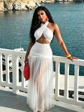 BamGleam Women's Extra Long Dragging Neck Mesh Ruched Backless Dress Beach Vacation White Summer Tropical  #EngagementDress