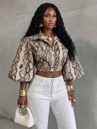 BamGlimmer Women's Fashion Commute Snake Skin Print Lantern Sleeve Cropped Blouse