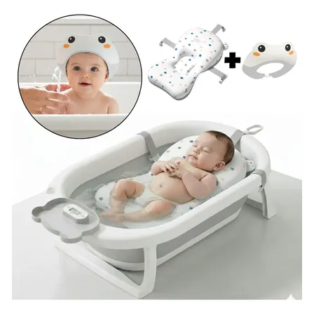 Ba&ntilde;era Beb&eacute; Plegable Mega Baby Con Red Vincha Y Termometro Color Gris 3 En 1