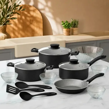 Bateria Cocina Tramontina Linz + Compotera Durax + Cubiertos Negro