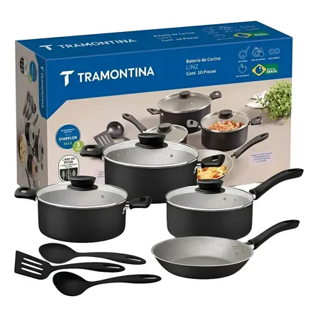 Bateria De Cocina Tramontina Linz Juego Sarten Ollas 10pz Negro