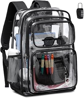 BAVERGE Clear Backpack Heavy Duty -18 Inch Extra Large Bookbag 3 Front Pockets and Lock for Stadium Events, Travel, Work, College, Black