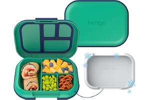 Bentgo Chill Kids 4-Compartment Bento Box Leakproof Lunch Box | Built-In Ice Pack, 3.3 Cup Capacity, BPA-Free, Microwave & Dishwasher Safe Tray, Ideal for Ages 3&ndash;7 (Green/Navy)