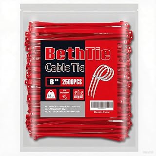 BethTie 8 Inch Red Zip Ties 2500 Pcs, 65 LBS UV Resistant Cable Ties | Self-Locking Ties, Wire Ties for Indoor and Outdoor Use