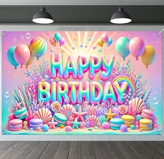 Birthday Banner 71x43 Inch Pastel Ocean Balloons Macarons Shells | Birthday Pastel Ocean Theme Happy Balloons design for birthday party wall display and photo booth celebration decor