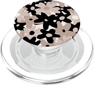 Black Beige Floral Retro Modern Boho Bohemian Flower Pattern PopSockets PopGrip for MagSafe