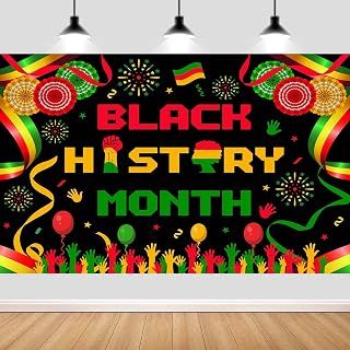 Black History Month Backdrop,African American History Month Banner,Paper Fans Colored Ribbon Fireworks BHM Party Supplies Party Supplies for Indoor Outdoor Garden,Yard,Party Home Decor,7x5FT