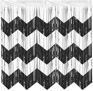 Black Silver Chevron Fringe Curtain Backdrop (Pack of 6) | 78.74in x 19.69in Wave Tinsel Fringe Curtains for Party Decorations, Graduation, Birthday & Photo Booth Backdrops