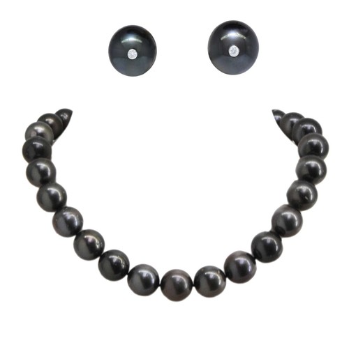Black South Sea Tahitian Pearl Necklace 17" w/ White Gold Clasp & Earrings SET