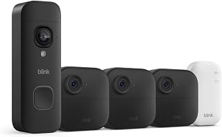 Blink Outdoor 4 and Battery Doorbell 2K+ (newest model) &mdash; Two-year battery 1080p cameras and 2K battery doorbell. Sync Module Core included &mdash; 3 Cameras + Doorbell (Black)