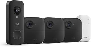 Blink Outdoor 4 and Wired Doorbell 2K+ (newest model) &mdash; Two-year battery 1080p cameras and 2K hardwired doorbell. Sync Module Core included &mdash; 3 Cameras + Doorbell (Black)