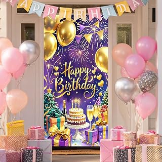 BlissYard Birthday Door Cover 71x35 Inch Purple and Gold Birthday Door Banner Background for Party Decorations Fireworks Cake Balloons Backdrop Sign for Men Women Photo Booth Prop Wall Decor