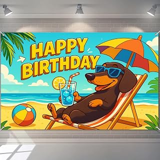 BlissYard Dachshund Beach Birthday Banner Backdrop 71x43 Inch | Tropical Event Photo Background Decor Wall Studio Lawn Yard Patio Hawaiian Dachshund Dog Beach Graphic Print
