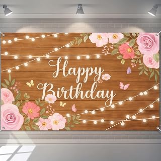 BlissYard Floral Wood Polyester Birthday Banner 71x43 Inch Party Decor | Polyester, Rustic Wood Floral Theme, Happy birthday backdrop for garden parties, indoor walls, and photo shoots.