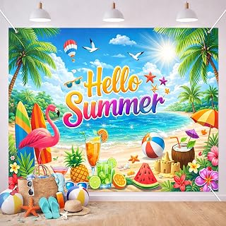 BlissYard Hello Summer Beach Backdrop Tropical Ocean Party Decoration Banner 8x6FT Large Flamingo Luau Theme Photo Booth Background Birthday Pool Party Indoor Outdoor Event Photography