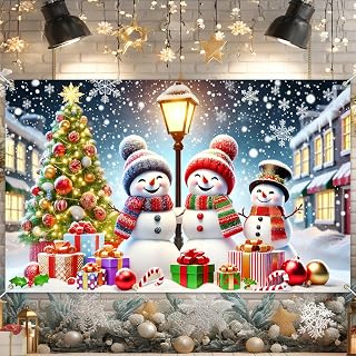 BlissYard Merry Christmas Banner 71x43 in Snowman Party Decor | Christmas Backdrop, Winter Holiday Wall Banner for Home, Office and Photo Booth, Snowman Winter Snowy Night Display