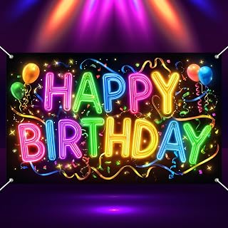 BlissYard Neon Confetti Birthday Banner Backdrop 71x43 Inch | Glow Booth Props Photo Background Decor Wall Studio Lawn Yard Bedroom Bright Balloon Confetti Ribbon Pattern