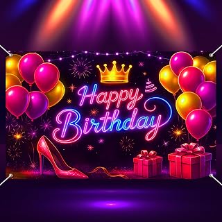 BlissYard Neon Happy Birthday Party Banner 71x43 Inch | Princess Celebration BannerGlow Props Photo BackgroundIndoor Lawn ParkCrown High Heel Balloons Pattern