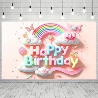 BlissYard Pink Ribbon Rainbow Birthday Banner 71x43 Inch Polyester | Polyester, Pink Ribbon Theme Happy birthday banner backdrop for garden, backyard, wall decoration.
