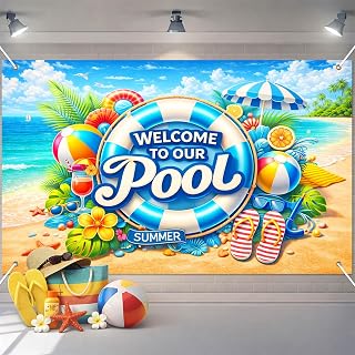 BlissYard Pool Party Decorations Banner 71 x 43 Inch Welcome to Our Pool Backdrop Summer Beach Theme Photo Booth Background Backyard Swimming Party Poolside Wall Decor