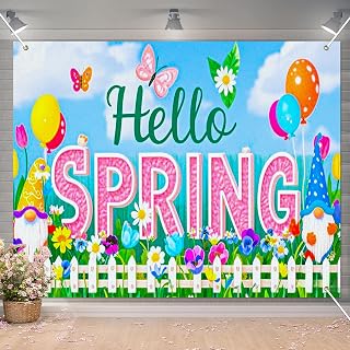 BlissYard Spring Gnome Backdrop 8x6ft Hello Spring Garden Party Background Cute Cartoon Gnome Photography Backdrop for Spring Festival Easter Celebration Birthday Classroom Photo Booth Decor