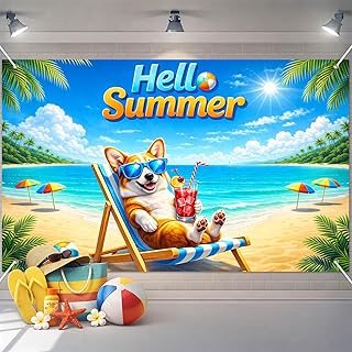 BlissYard Summer Decorations Cat Beach Banner 71 x 43 Inch Hello Summer Banner Party Decorations Cute Cat Pool Party Backdrop Tropical Ocean Photo Booth Background Indoor Outdoor Wall Decor