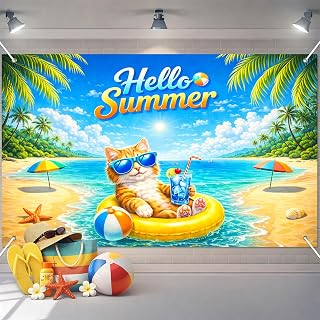 BlissYard Summer Party Decorations 71 x 43 Inch Cute Cat Pool Party Banner Tropical Ocean Photo Booth Background Summer Beach Banner Party Decorations Indoor Outdoor Wall Decor