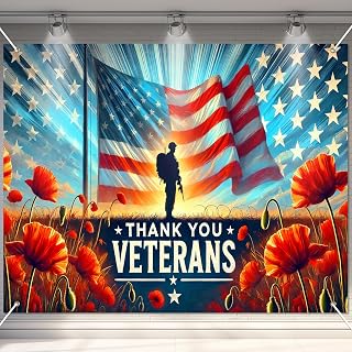 BlissYard Thank You Veterans Backdrop 4th of July Decorations Patriotic Banner 8x6ft American Flag Soldier Decorations for Memorial Day Veterans Day Independence Day Party