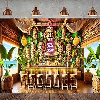BlissYard Tiki Bar Backdrop 8 x 6 ft Hawaiian Backdrop for Party Summer Luau Banner with Tiki Totem Tropical Bar Scene Beach Photo Booth Decor
