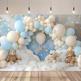 Blue Balloon Little Bear Photography Background Bear 1st Birthday Party Cake Smash Backdrops for Photography Cloud Star Baby Shower Decoration (A, 7 * 5ft)