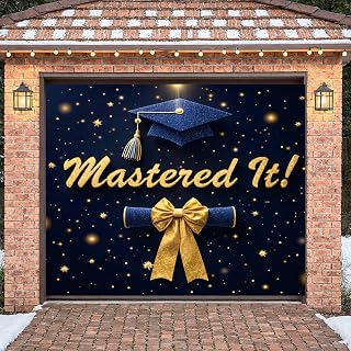Blue Gold 2026 Graduation Garage Door Decorations Mastered It Garage Door Cover Backdrop 7&times;8ft Graduation Cap Background Banner for College High Middle School Grad Commencement Ceremony Party Supplies