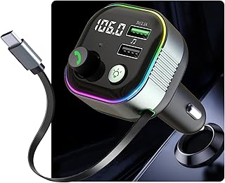 Bluetooth 5.4 FM Transmitter for Car,Type C Retractable Cord Fast Charger | 36W(12V)-65W(24V) ,Wireless Audio Adapter with Hi-Fi Bass,Hands-Free Call,Music Player,Compatible with iPhone & Android
