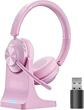 Bluetooth Headset, Wireless Headset with Mic for Work, Bluetooth 5.3, Wireless Headphones with AI Noise Cancelling Microphone (Clear Calls & Mic Mute), USB Dongle, for Computer/PC(Pink)