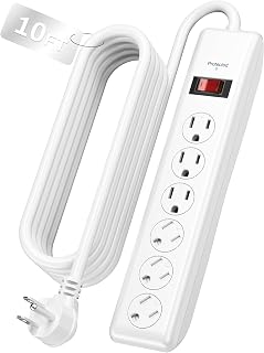 BN-LINK 10FT 6 Outlet Power Strip Surge Protector, 600 Joules, Twist-to-Close Safety Covers, 90 Degree Flat Plug, Overload Protection, Long Extension Cord Power Strip for Home Office, TV and Bedroom
