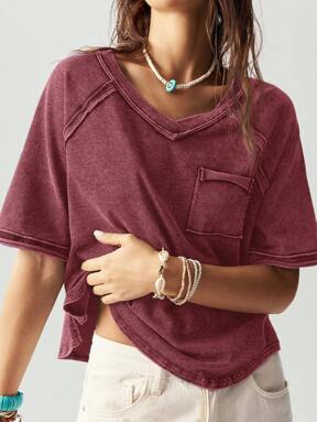 Bohemela BOHO Casual Solid Color Knitted Crew Neck Raglan Short Sleeve Loose T-Shirt For Women  #MessyChic