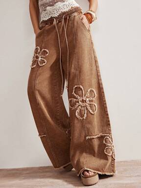 Bohemela Women's Casual Brown Wide Leg Pants With Plant Patches And Pockets Long Woven Fabric  #BohoChic