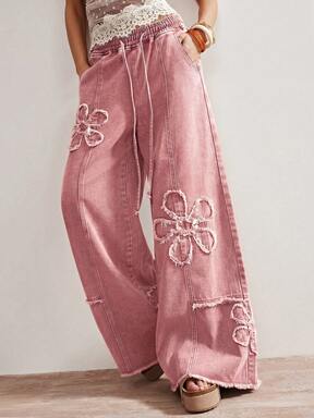 Bohemela Women's Casual Solid Color Woven Loose Wide-Leg Washed Denim Pants  #DrawstringPants