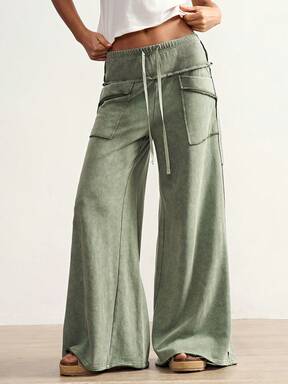 Bohemela Women's Casual Streetwear Solid Color Knit Pants Daily Sage Green Autumn  #DrawstringPants