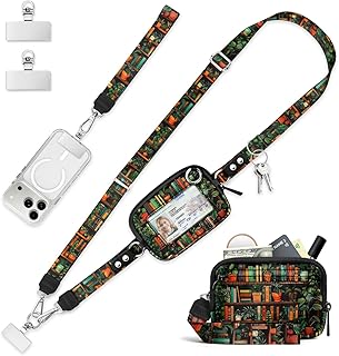 Book Shelf Clip and Go Strap for Phone with Wallet Crossbody, Plant Phone Lanyard Adjustable, Detachable RFID Wristlet Wallet, Wrist Strap, Cute, Travel, Key, Zipper Purse, Women Teacher