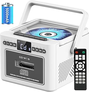 Boombox Cassette CD Player Bluetooth5.1 with 5000mAh Battery,5W Dual Stereo Speakers,Rechargeable CD Player with FM Radio,Remote Control,Tape Recording,3.5mm Earphone Jack,AUX/Micro SD/USB-White