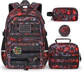 Boys Backpack with Lunch Box, 4 PCS Red Camo Large Capacity Elementary School Backpack | Back to School Bookbag for Kids, Boys & Teens