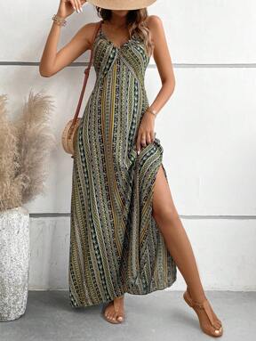 Breezaya Geo Print Split Thigh Cami Dress Maxi Vacation Beach Outfits Women  Flash Sale